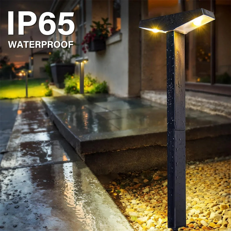 Solar path light demonstrating a broad circular pool of light on the ground for nighttime walkway visibility