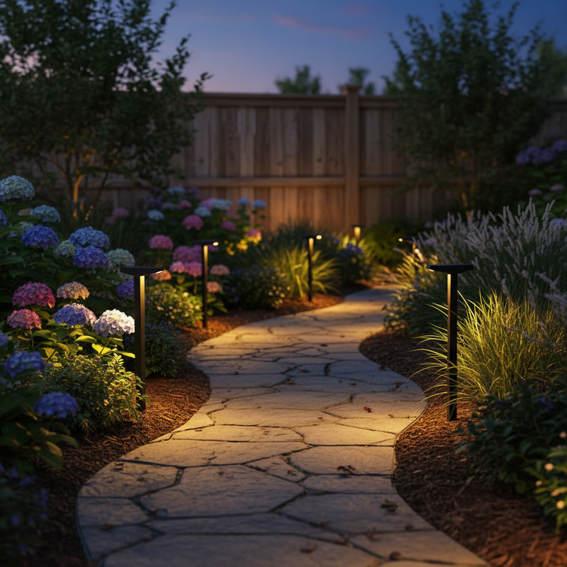 Solar pathway lights along garden path in American backyard | NoxLumin