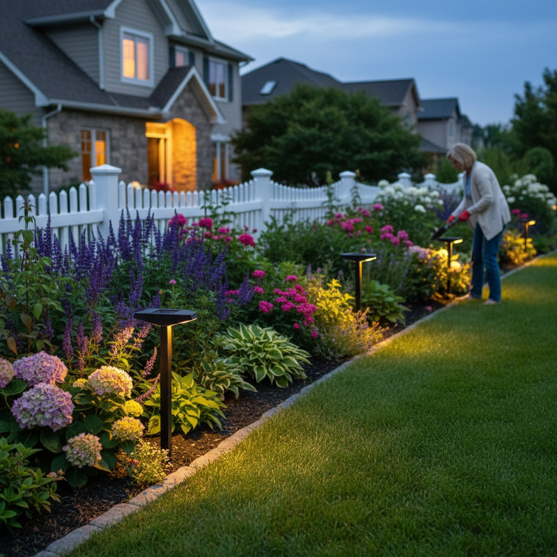 Solar pathway lights along landscaped yard border at dusk | NoxLumin