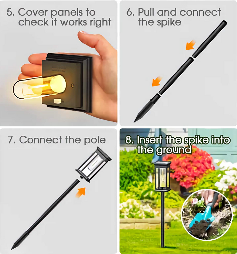 Luces solares de camino blanco cálido instaladas junto al borde de un jardín para iluminación nocturna decorativa y funcional