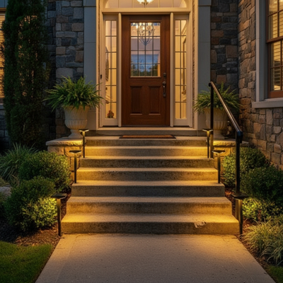 Solar pathway lights illuminating entrance steps at dusk