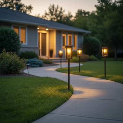 Solar pathway lights illuminating suburban front yard walkway at dusk