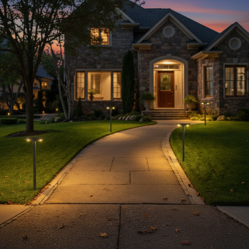 Solar pathway lights illuminating suburban home walkway at dusk | NoxLumin