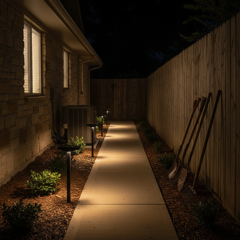 Solar pathway lights in side yard passage at night | NoxLumin