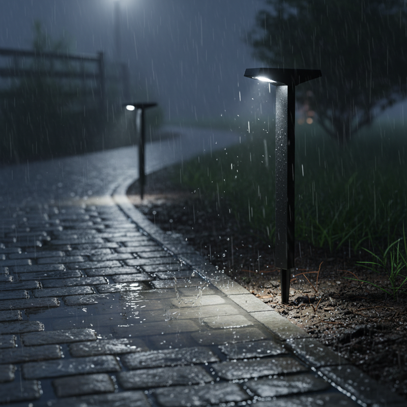 Solar pathway lights providing low-level accent illumination along a residential garden and walking area after dark