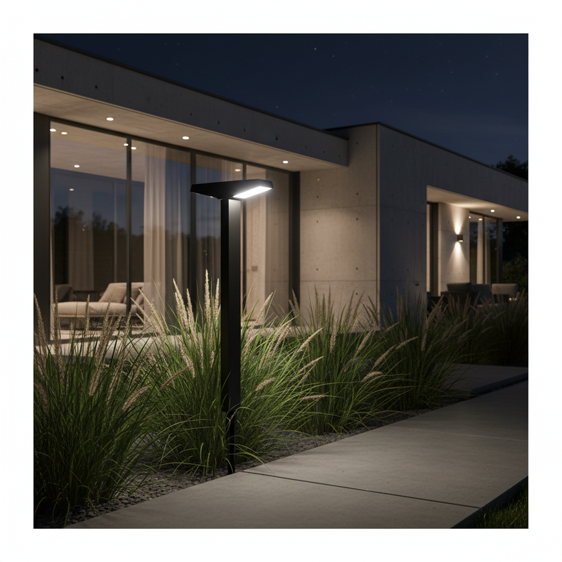 Solar pathway lights illuminating a landscaped residential outdoor area at night with evenly spaced pools of light