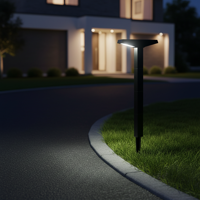 Solar pathway lights illuminating a residential landscape edge and walkway for safer nighttime visibility