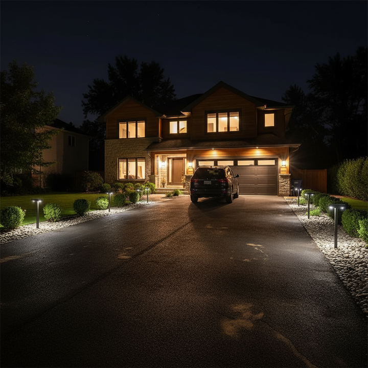 Solar pathway lights lining residential driveway at night | NoxLumin