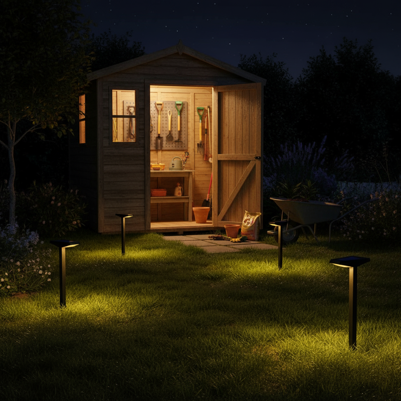 Solar pathway lights marking path to garden shed | NoxLumin
