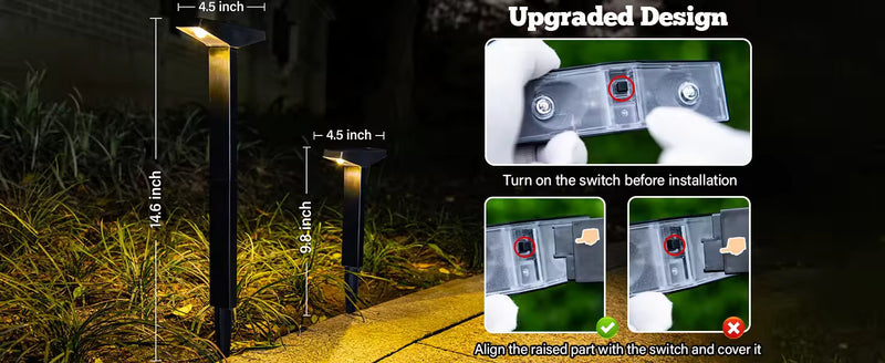 Solar pathway lights arranged across a landscaped outdoor area to provide evenly spaced nighttime accent illumination