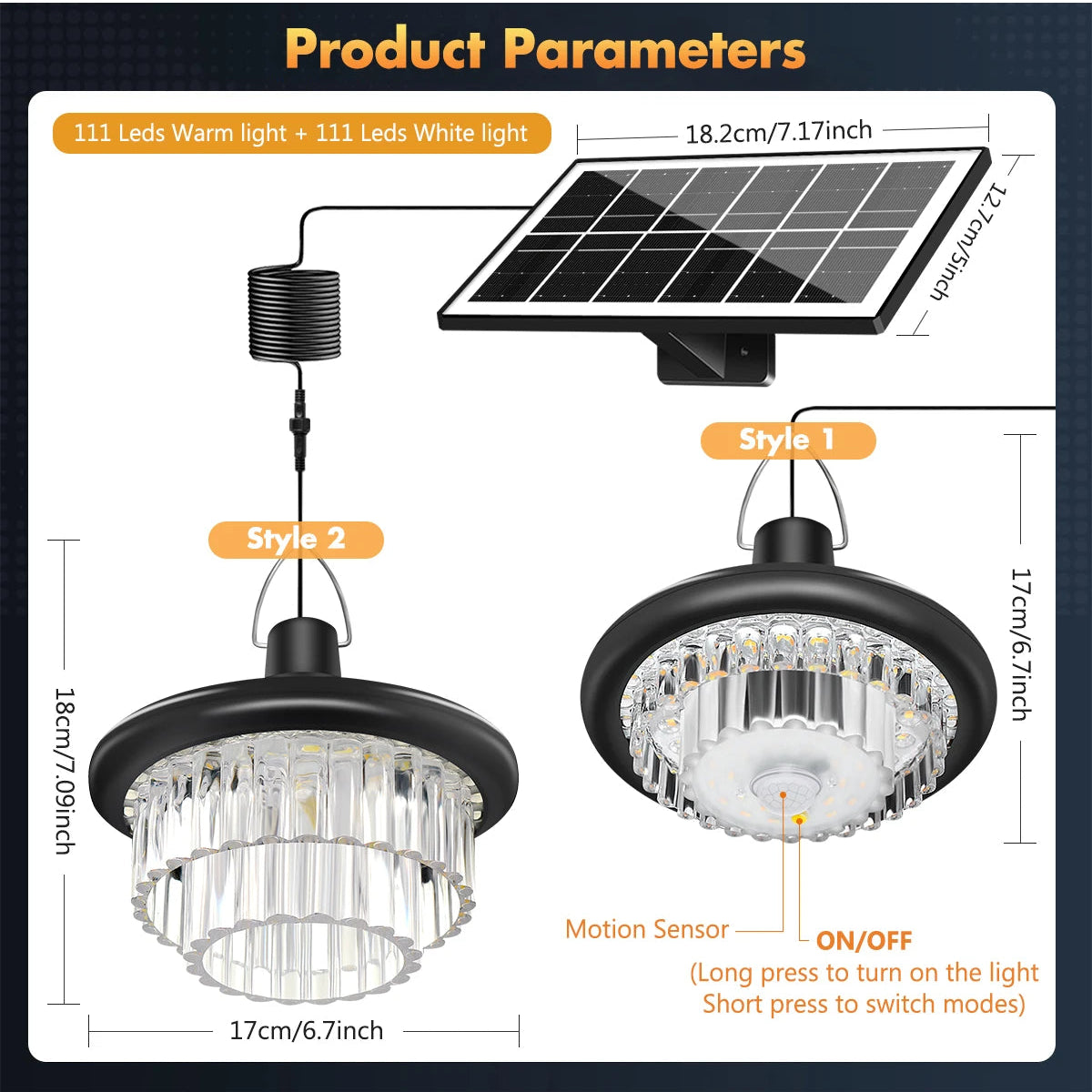 Size chart of Split-Design Solar Pendant Light: Indoor Lamp with Outdoor Panel, 800LM, 2700K-6000K Dimmable, IP65 Waterproof for Shed & Garage