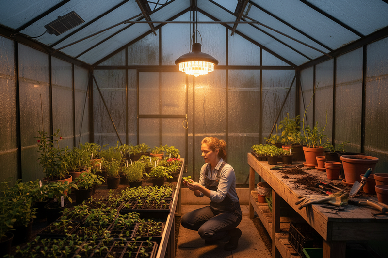 Solar pendant light in American greenhouse at night | NoxLumin