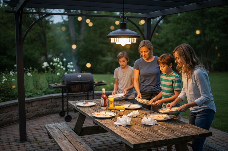 Solar pendant light in American patio dining area after BBQ dinner | NoxLumin