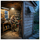 Split-design solar pendant light illuminating storage and circulation space inside a garden shed