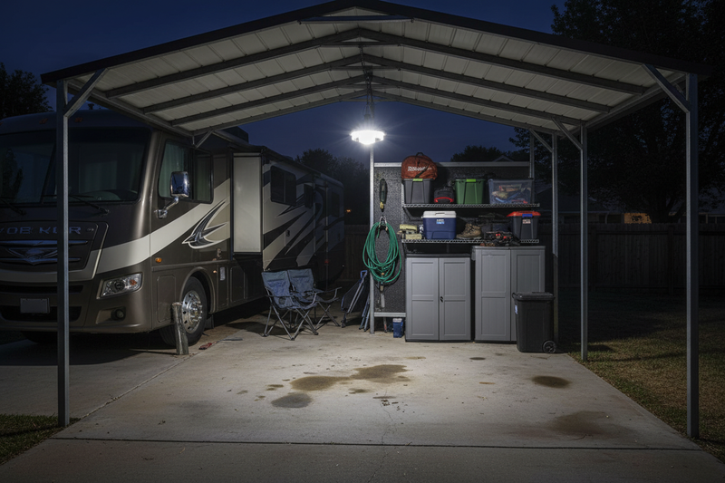 Solar pendant light in RV carport at night | NoxLumin