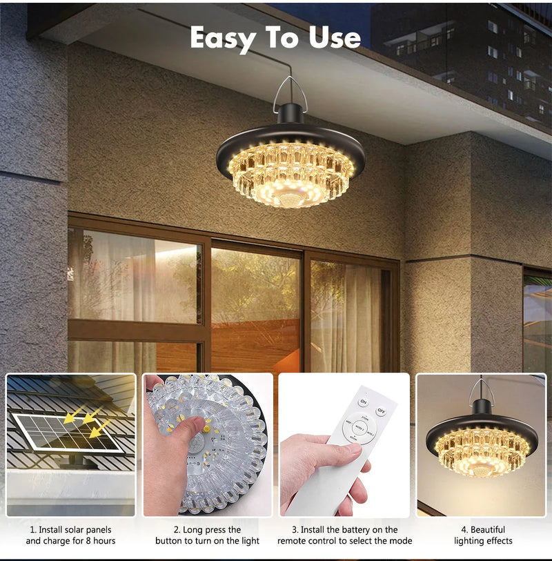 Close-up product view of the solar pendant lamp showing its broad LED light surface and hanging fixture design
