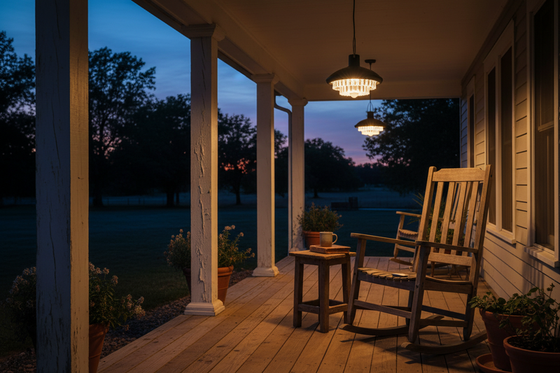 Solar pendant light on covered American farmhouse porch with rocking chair at twilight | NoxLumin