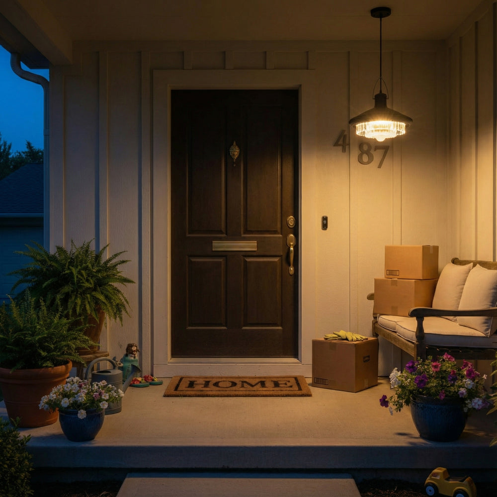 Split solar pendant lighting system showing the outdoor solar panel powering a hanging indoor lamp without hardwiring