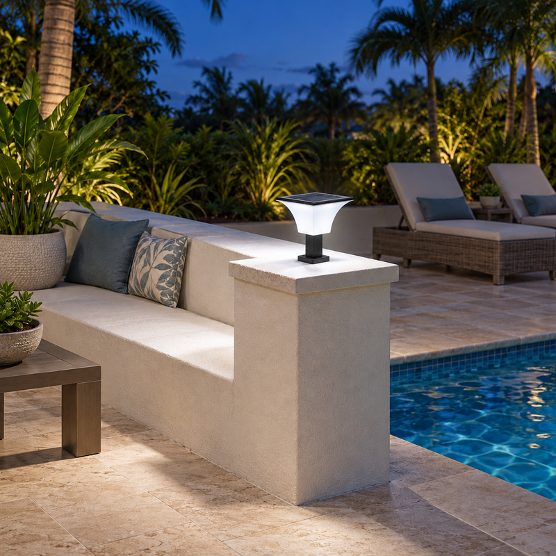 Solar pillar-top light casting cool white light on a stucco seating wall beside a pool lounge