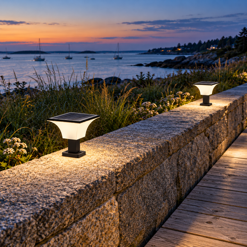 Two solar pillar-top lights mounted on a granite wall beside a coastal boardwalk at dusk