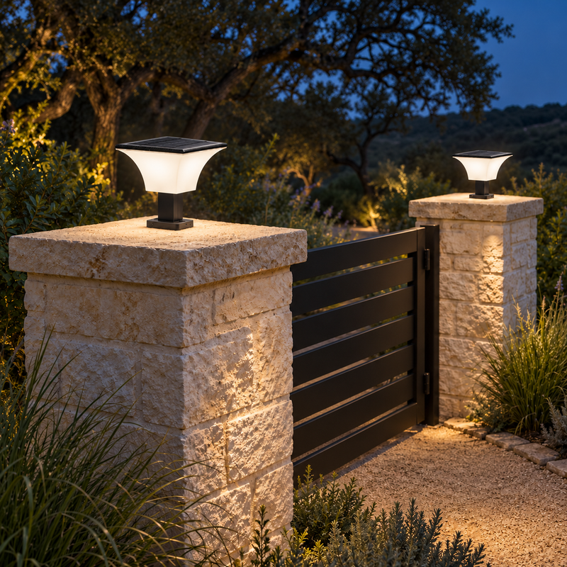 Two solar pillar-top lights mounted on limestone columns beside a dark metal garden gate at night