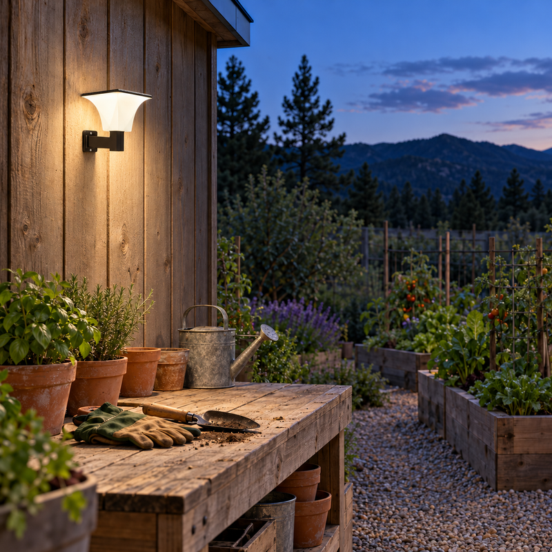 Solar radar wall light mounted on a timber garden workshop above a potting bench at dusk