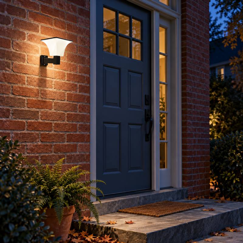 Solar radar wall light illuminating a red brick entryway and bluestone steps at dusk