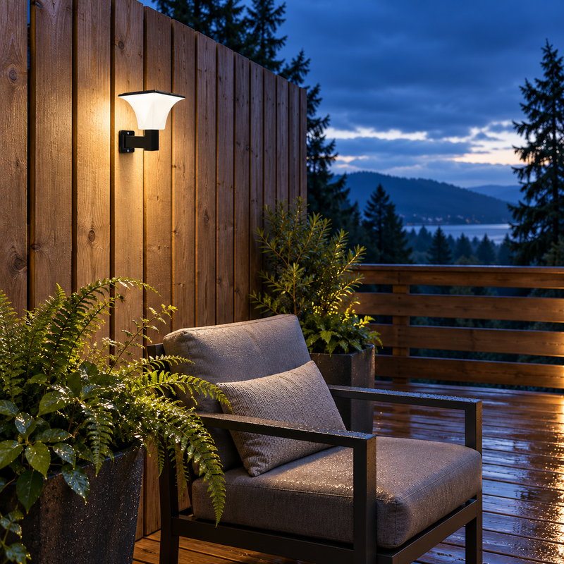 Solar radar wall light illuminating a cedar privacy screen and outdoor lounge chair on a damp deck at dusk