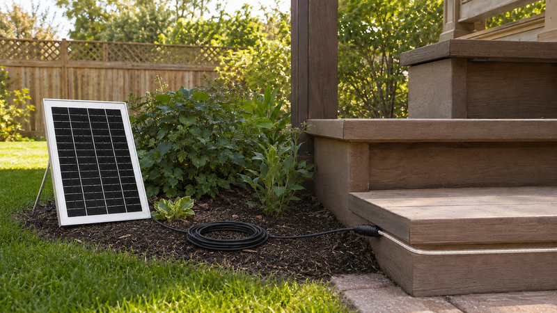 Separate solar panel and black cable safely routed to COB rope lights beneath outdoor steps