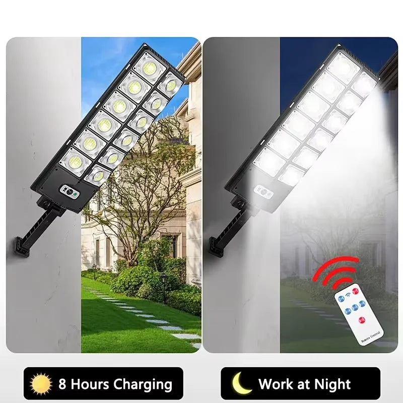 Large outdoor solar security light product view showing the high-density LED array for powerful area illumination