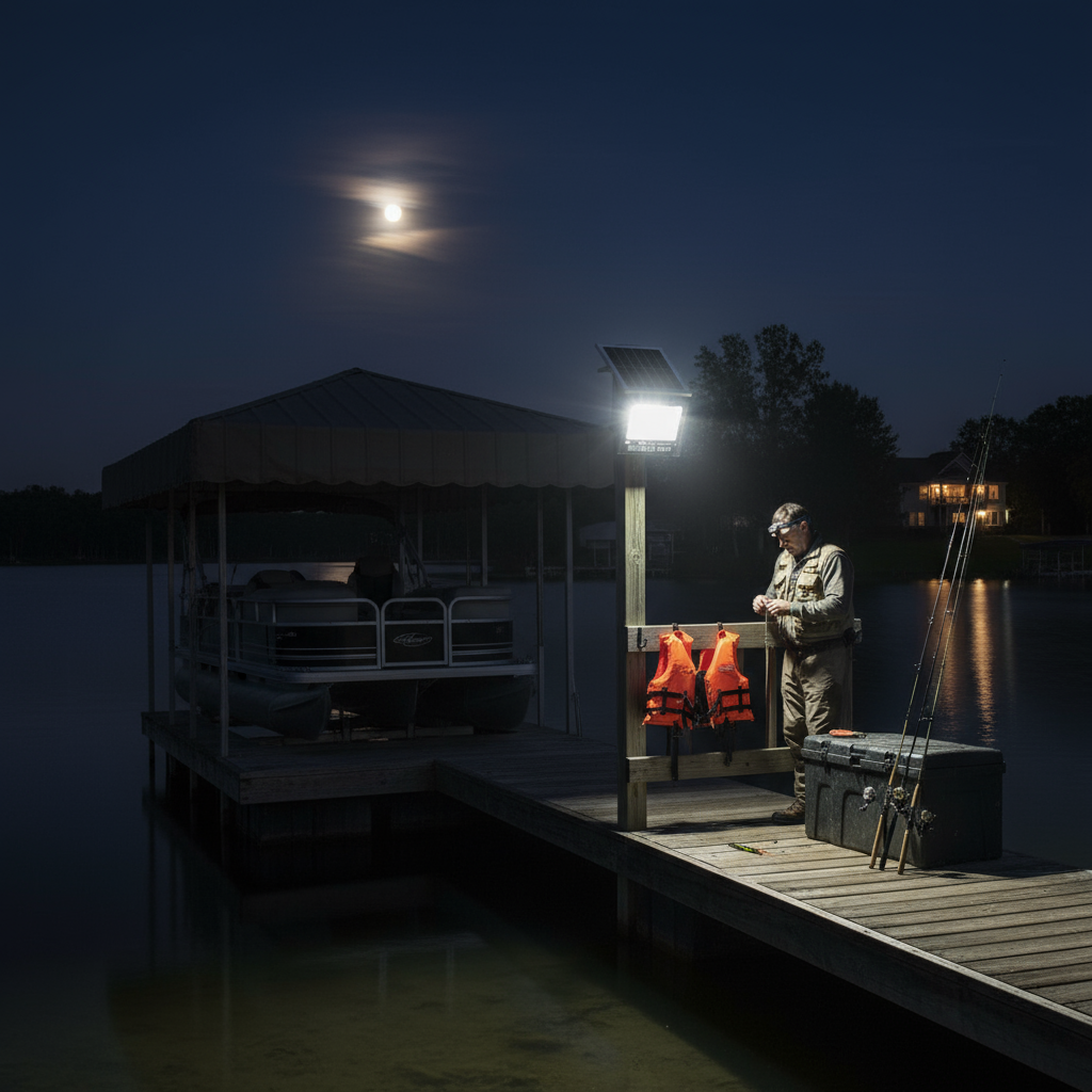 Solar security light on boat dock | NoxLumin