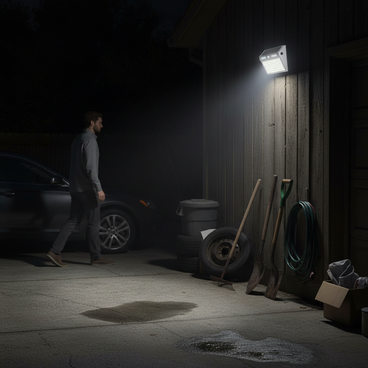 Solar security light on garage wall at night | NoxLumin