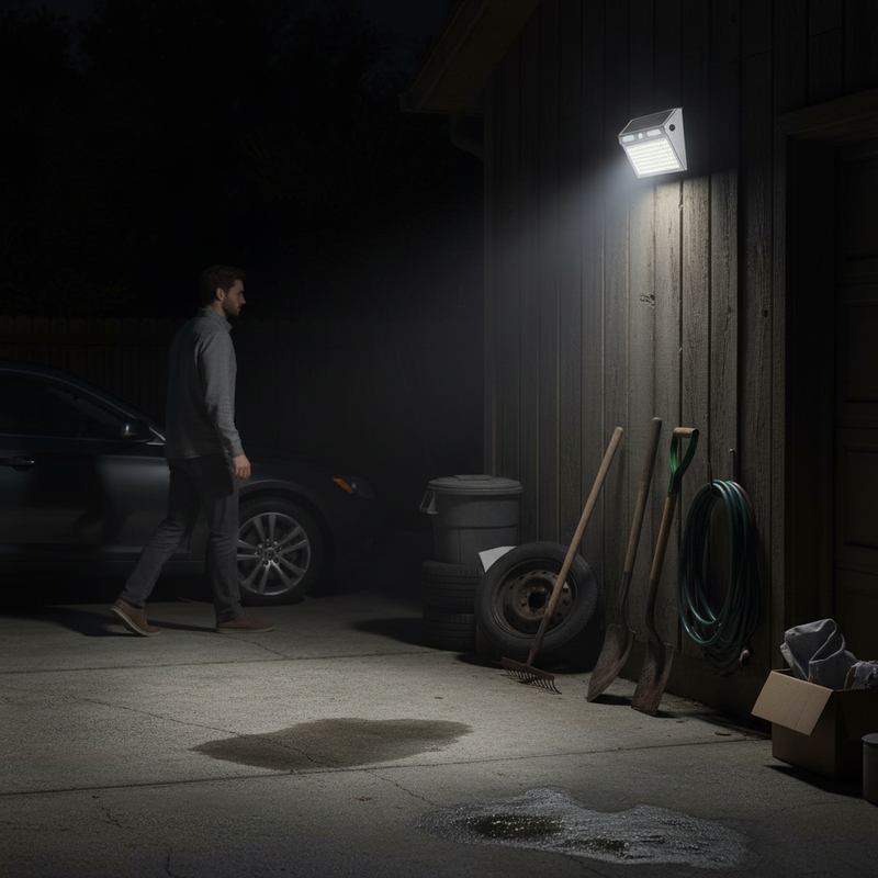 Solar security light on garage wall at night | NoxLumin