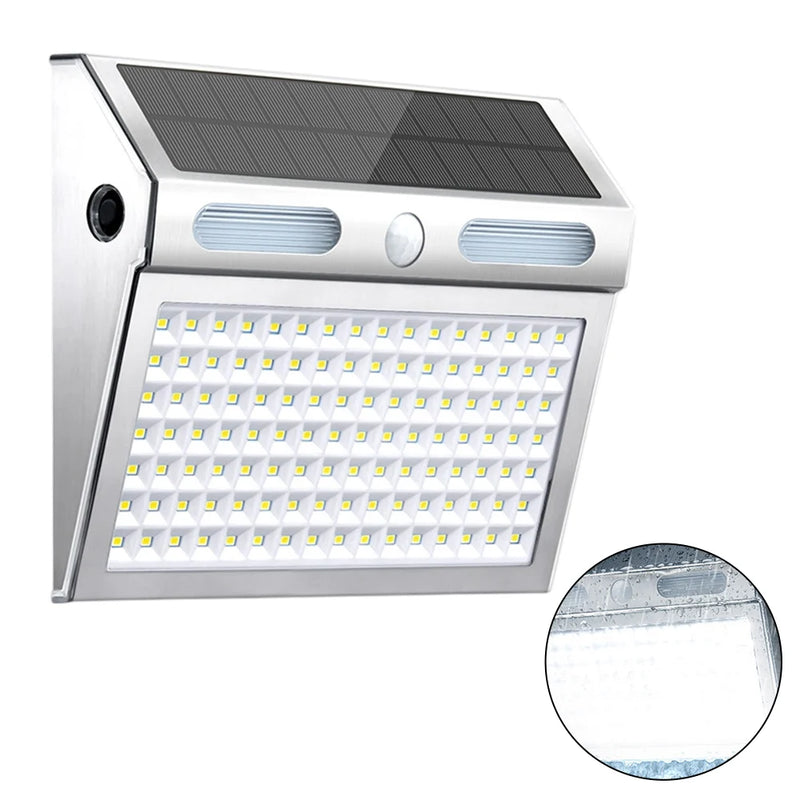 Luz solar de seguridad con sensor de movimiento montada en pared exterior para iluminar sin cables puertas, senderos y zonas de servicio