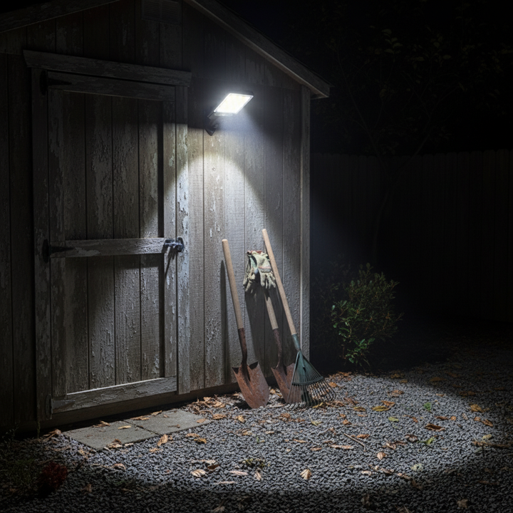 Solar sensor lamp illuminating backyard shed and tool area | NoxLumin