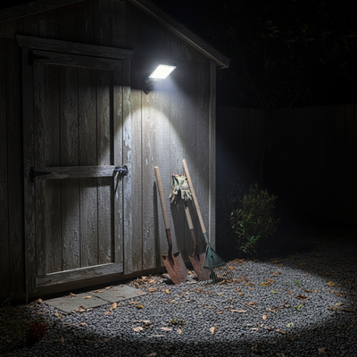 Solar sensor lamp illuminating backyard shed and tool area