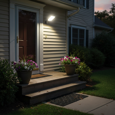 Solar sensor street lamp illuminating American home front entrance at dusk