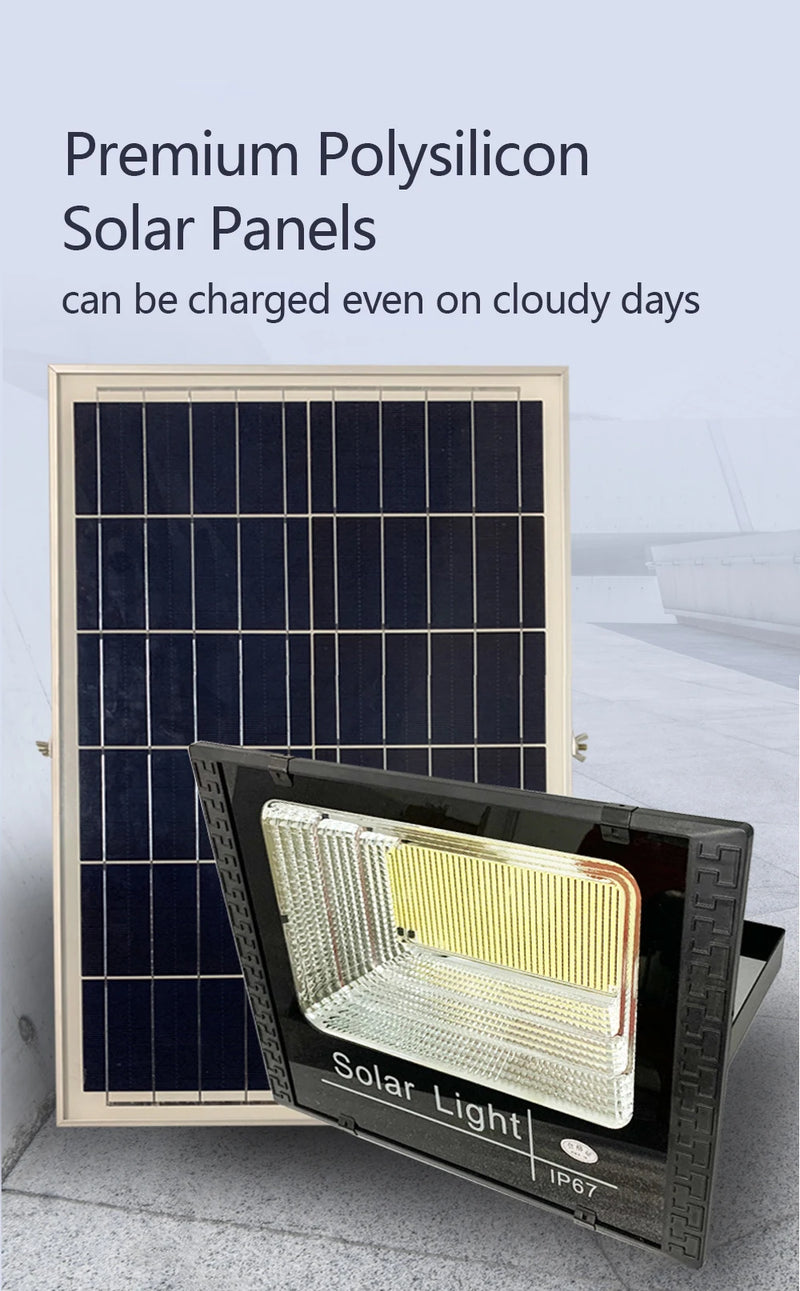 Solar LED spotlight installation view showing adjustable lamp and panel positioning for outdoor use