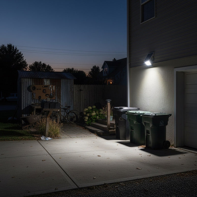 Split-design outdoor solar spotlight shown with its separate photovoltaic panel and connecting cable for remote panel placement