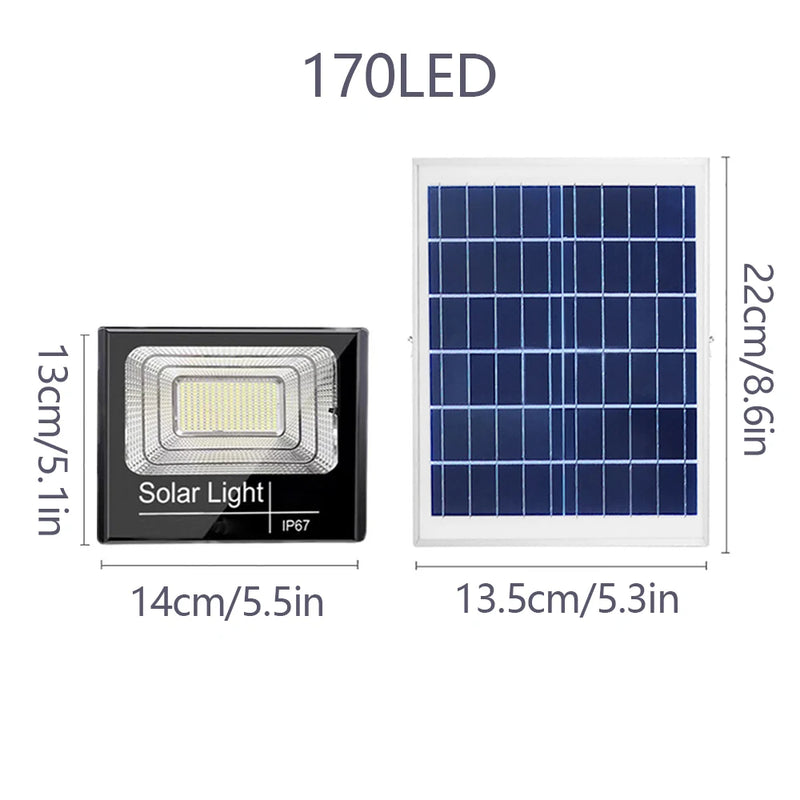Solar spotlight day-and-night graphic showing daytime charging and automatic illumination after dark