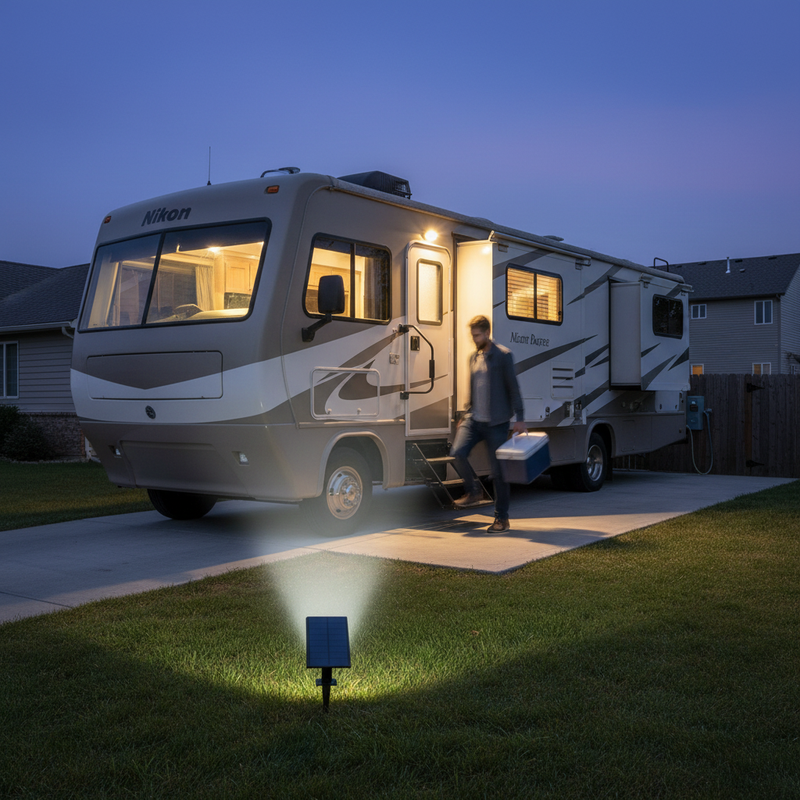 Solar spotlight illuminating RV entrance and steps | NoxLumin