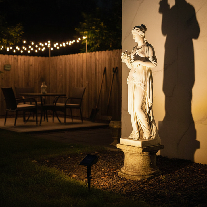 Solar spotlight on garden statue in American backyard at night | NoxLumin