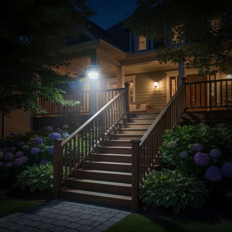 Outdoor LED solar spotlight with a separate solar panel for flexible placement in gardens, yards and landscape areas