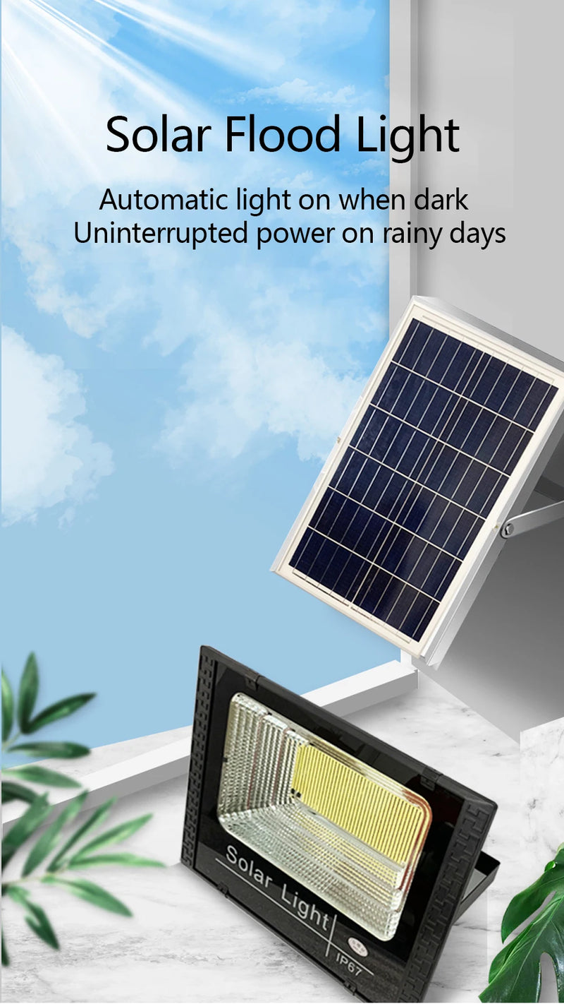 Split solar LED spotlight components showing the lamp, separate solar panel, connecting cable and installation hardware
