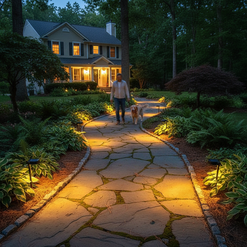 Solar spotlights along garden pathway with person walking dog at twilight | NoxLumin
