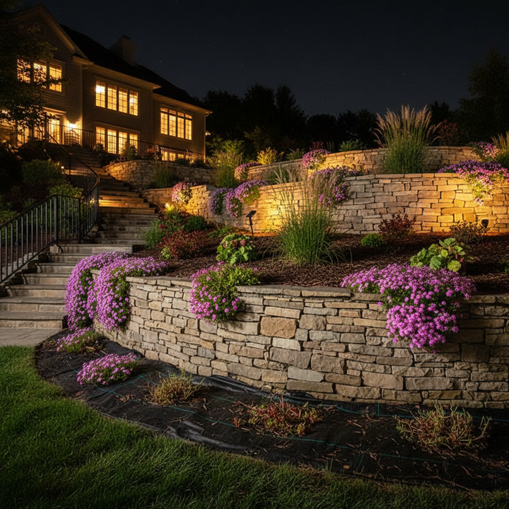 Solar spotlights illuminating terraced retaining wall landscaping at night | NoxLumin