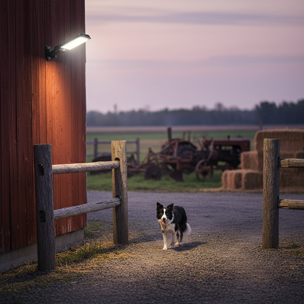 Solar street lamp illuminating rural farm property entrance | NoxLumin