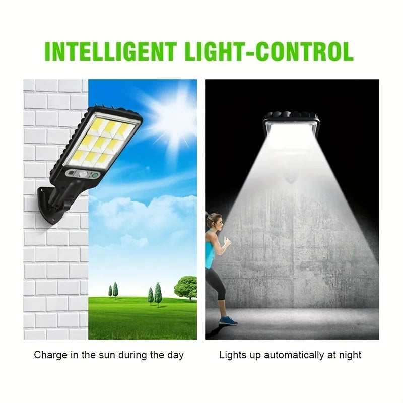 Solar street light diagram illustrating motion-sensor detection and automatic illumination for outdoor security areas