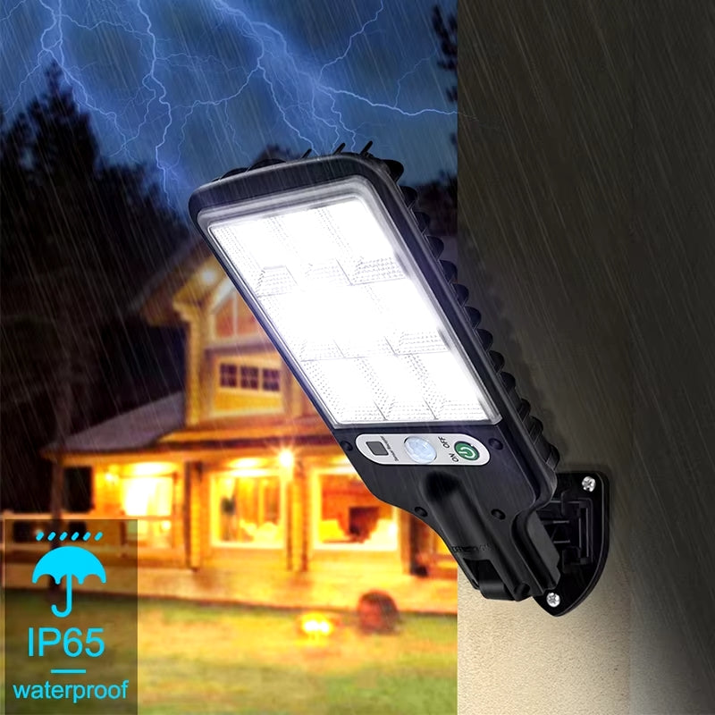 Solar street lamp shown with remote controller for selecting motion sensing and nighttime lighting modes
