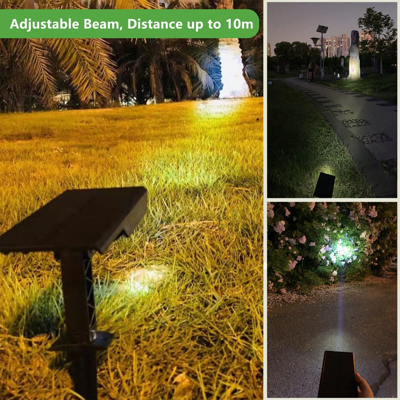 High-power solar tree light demonstrating an adjustable beam with up to 10 m illumination range across lawns, trees and flowering shrubs